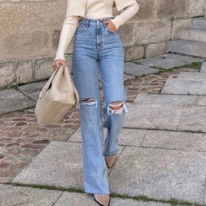NWT Zara wide leg high rise waist distressed jeans blogger favorite size 14